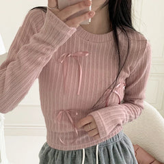 Voguable Sweet Multi Bows Knitted Top Pink White Casual Basics Slim-fit Tops Autumn Spring Korean Style Kawaii Knitwear Autumn voguable