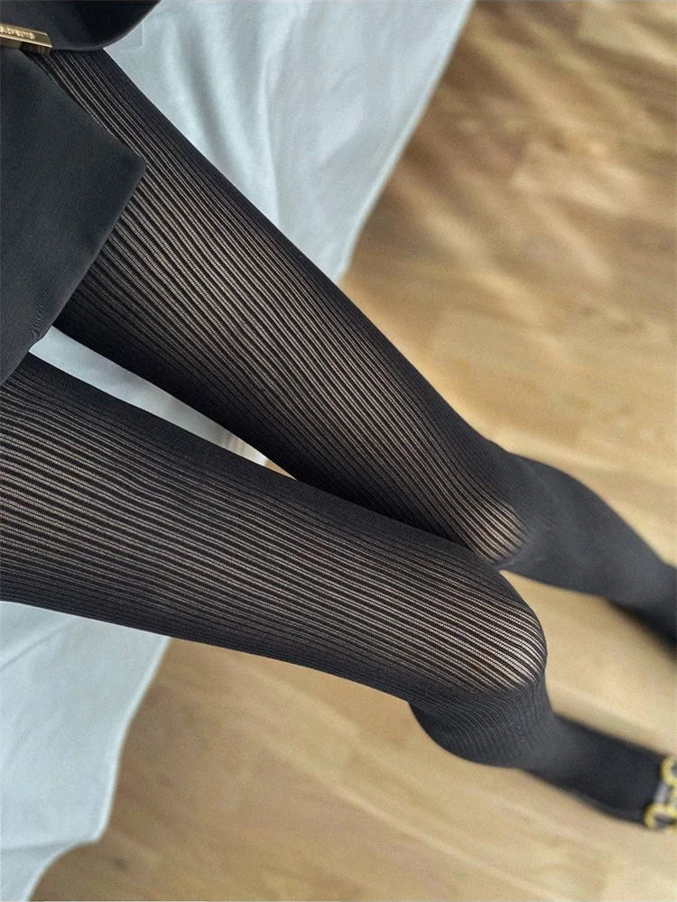 Knit Ribbed Pantyhose Women Sexy See-Through Stockings Black Striped Lace Tights For Women Skinny Leggings Pantyhose New voguable