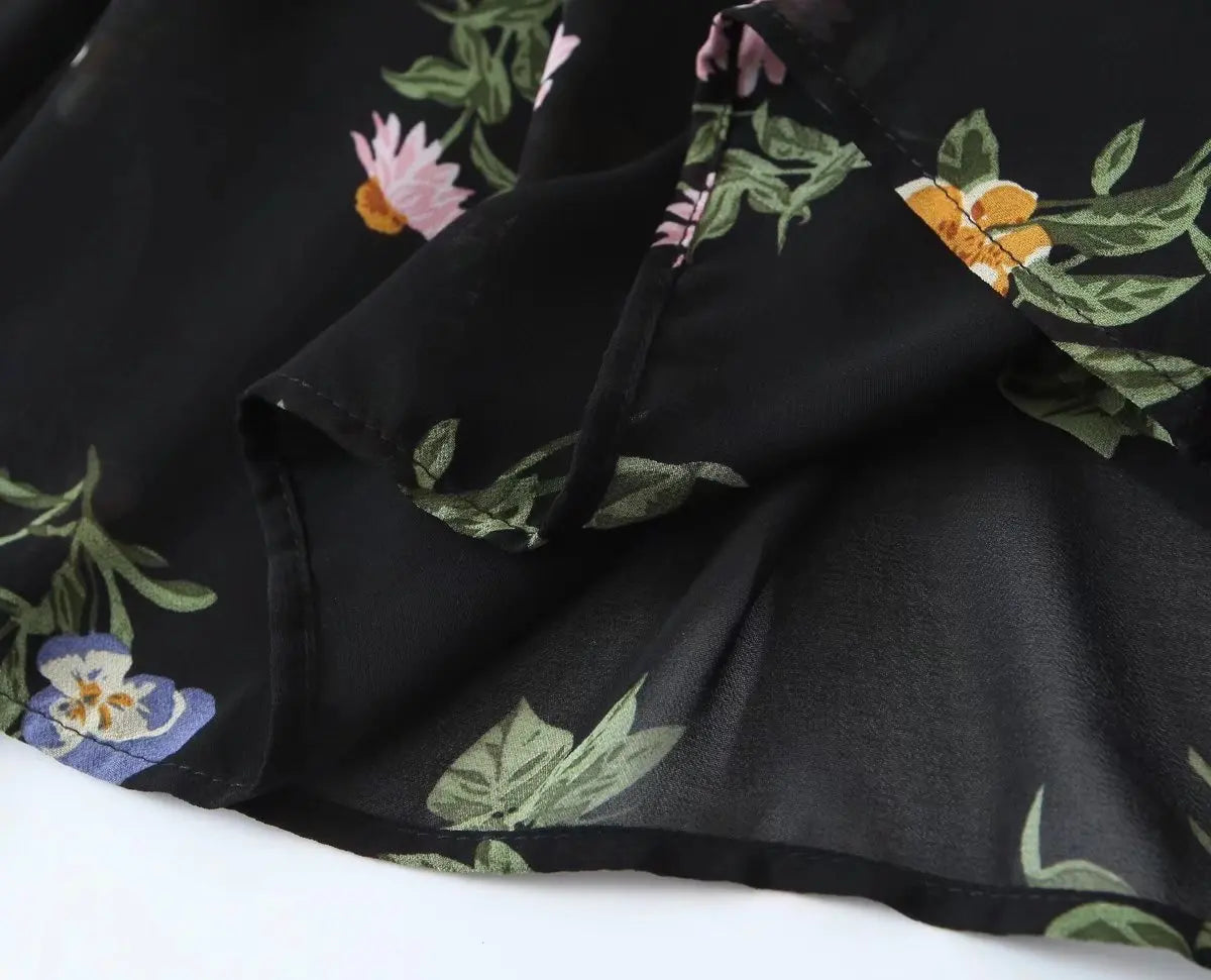 Voguable Summer Fashion Women French Style Floral Print Sling Chiffon Dress Vintage Black Female Midi Robe Prairie Chic voguable