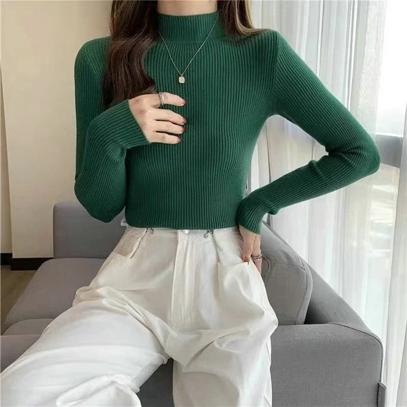Elegant Solid Basic Knitted Tops Women Turtlneck Sweater Long Sleeve Casual Slim Pullover Korean Fashion Simple Chic Clothes voguable