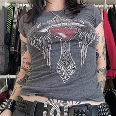 Cyber y2k Tops Women Cybercore Clothing Rhinestone Cross Print Short Sleeve Baby Tee 2000s Aesthetic T Shirt Streetwear voguable