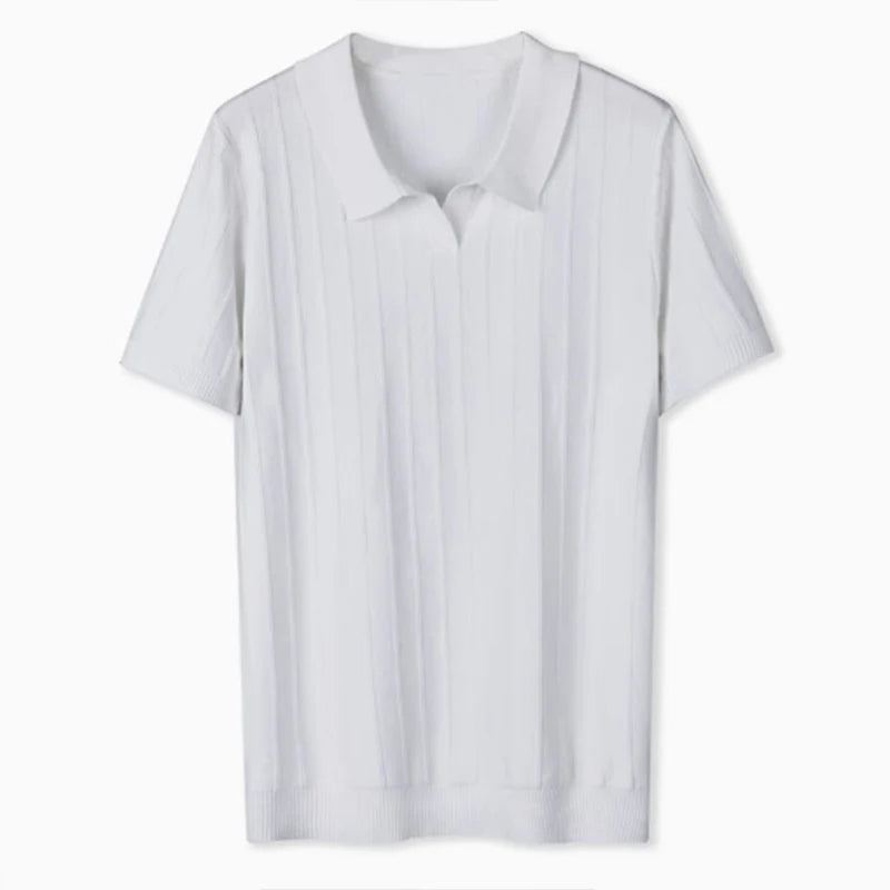 New Men's Clothing Luxury Business V Neck Polo Shirt Casual Slim-fit Knitted Solid Color Short Sleeve T-shirt High Quality Tops voguable