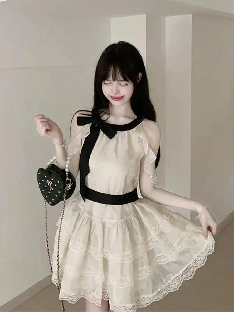 Off Shoulder Bow Sweet Dress Women Vintage O Neck Casual Elegant Mini Dress Lace Patchwork Retro Slim Lady Summer Vestidos voguable