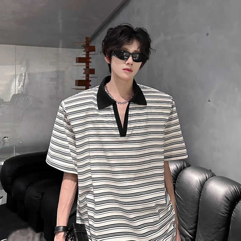 Men Loose Fit Striped Polo Shirt Casual Fashion Collar T-Shirt man Breathable Streetwear Summer Top Tee Trendy Mens Clothing voguable