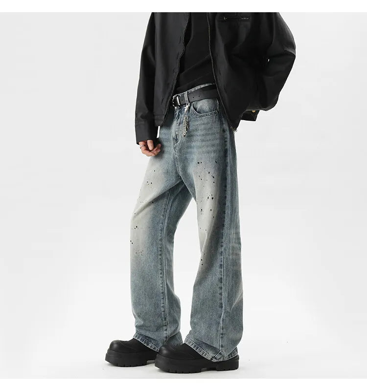 Summer Men's Denim Pants Old Blue Washed Male Jeans Straight fleck Casual Menwear Loose Wide Leg Trousers 2024 New Fashion voguable