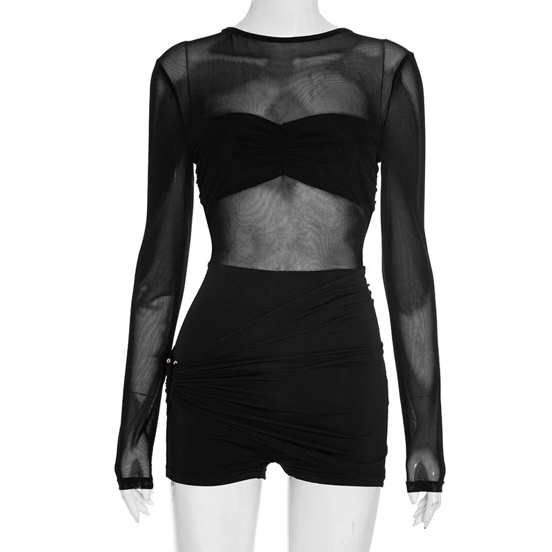 Voguable  Women's Autumn Mesh Patchwork Y2k Black Sexy Mesh Ruched Sheer Long Sleeve Romper Backless Bodycon Club Playsuits Outfits voguable
