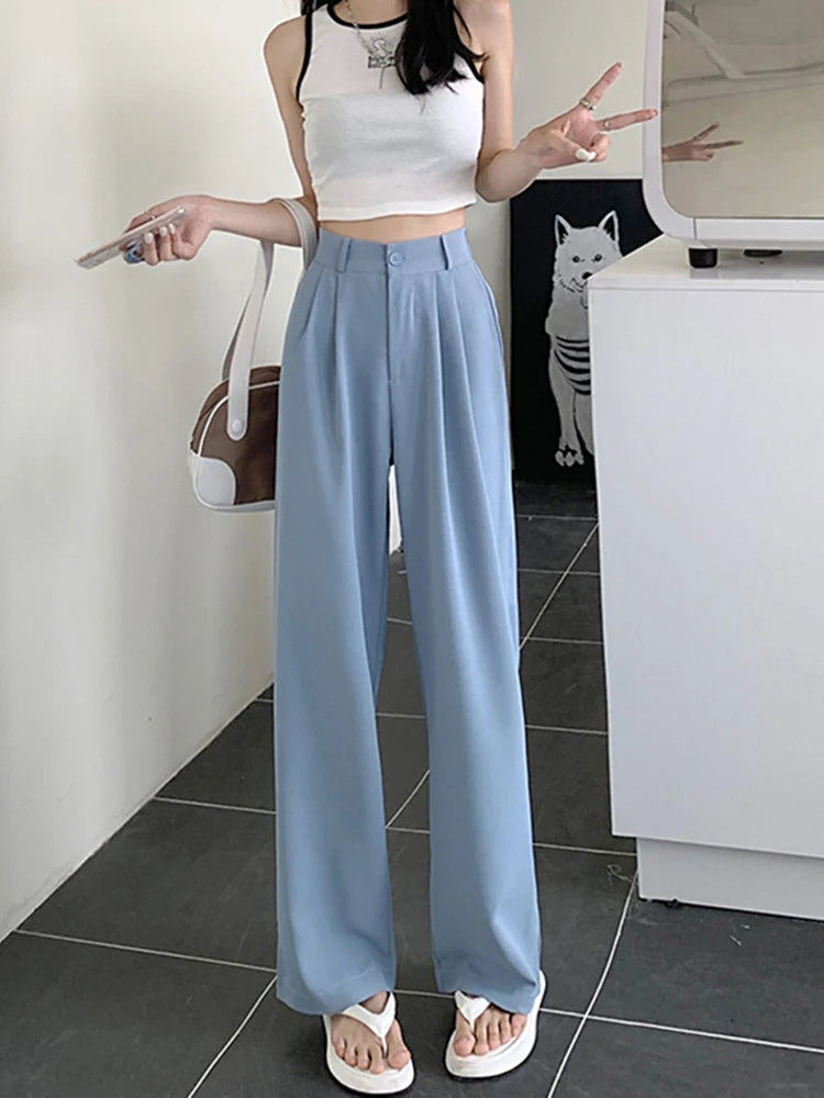 Voguable  Elastic High Waist Women Suit Pants Casual Loose Summer Straight Trousers Korean Simple Solid Female Pant voguable