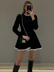 Splice Lace Mini Dress For Women High Waist Slim Elegant Dresses Femme Wedding Retro Temperament Dress Womens Clothes New voguable