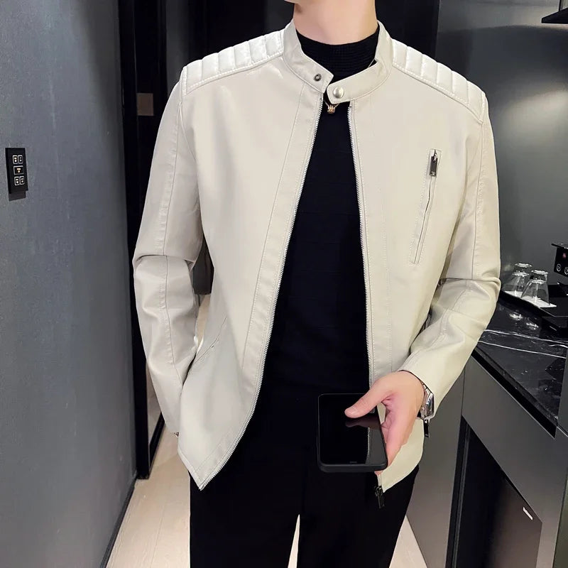 Simple Personality Male PU Leather Jackets Winter Slim Windbreaker Mens White Leather Jackets Men's Autumn Spring Fashion Trend voguable