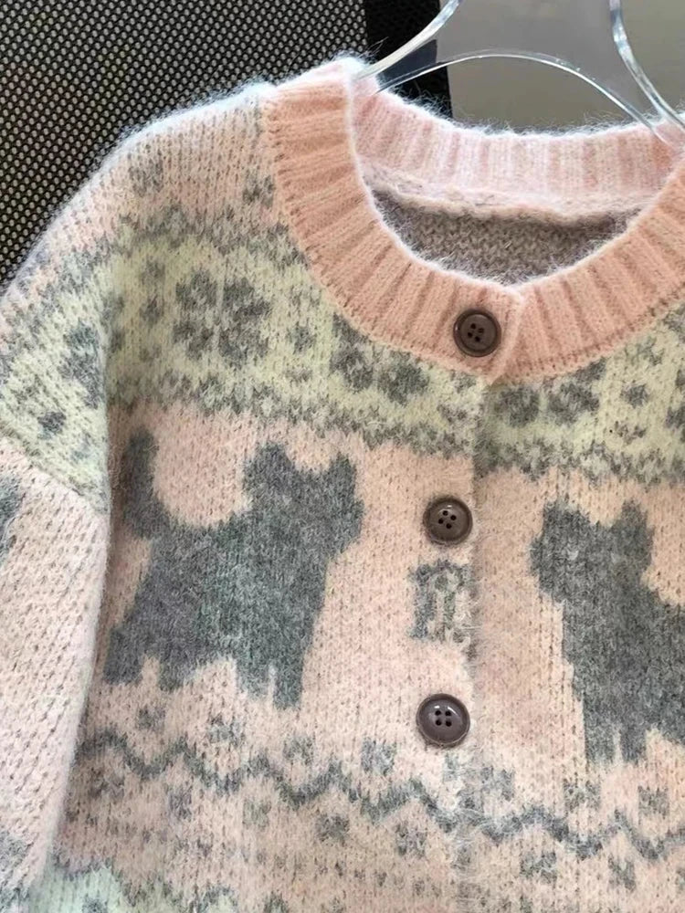 Sweet Pink Cartoon Cardigan Sweaters Women Vintage Lazy Wind Long Sleeve Cute Knitted Coat Casual Japan Kawaii Loose Tops voguable