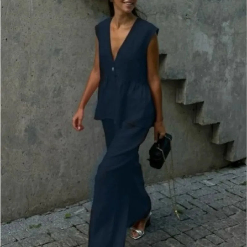 Fashion Women's Trouser Suits Sleeveless V-Neck Top Women Casual Straight Pants Sets Summer Women's Suit Commuter 2 Piece Set voguable