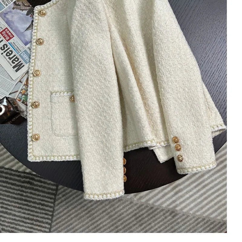Chic White Tweed Jackets Women Korean Long Sleeve Sweet Coat Fashion O Neck Elegant Casual Female All Match Outwear Tops voguable