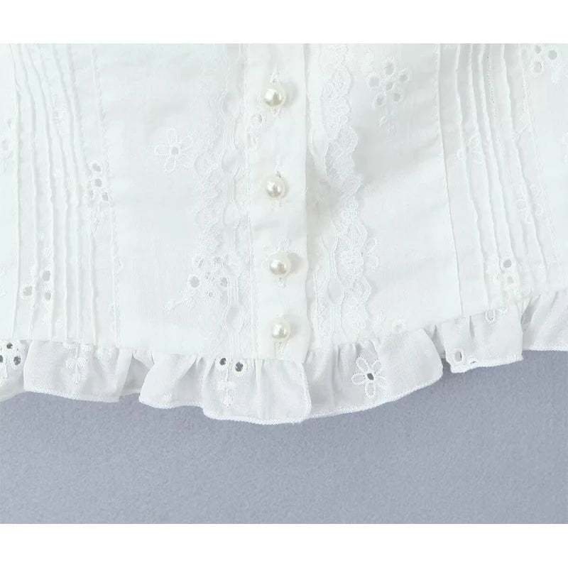 Women Hollow Out Embroidery White Tank Top Lace Trim Flying Sleeve Female Summer Crop Top Holiday voguable