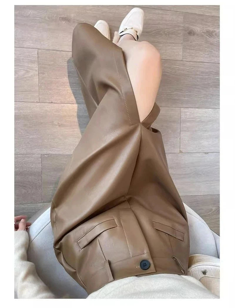 Sexy Slit Pu Long Skirt Women High Waist Slim Vintage Skirts Casual Fall Winter Lady Solid Retro American Streetwear Long Skirt voguable