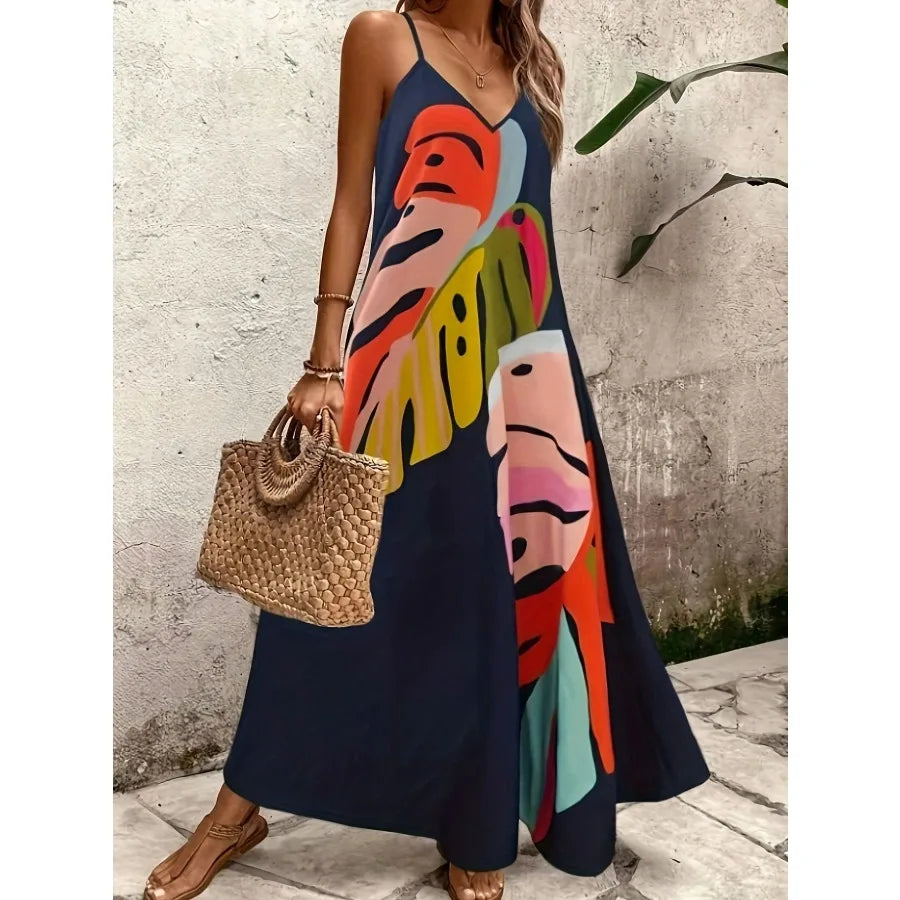 Voguable  summer fashionable vacation comfortable casual print V-neck suspender long dress all-match voguable