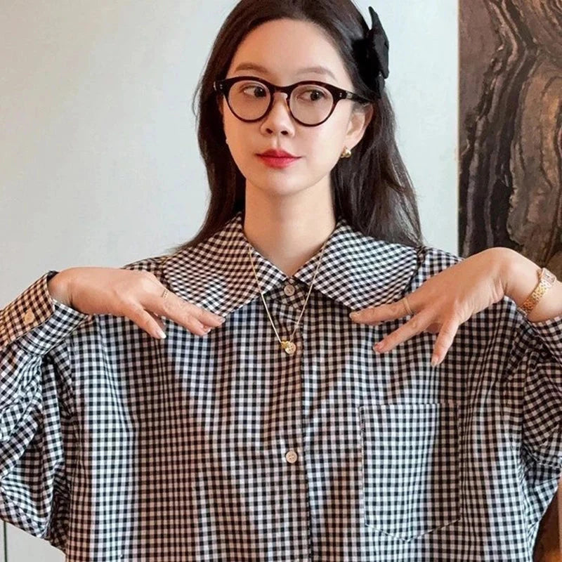 Vintage Black Plaid Shirt Women Loose Sweet Preppy Style Long Sleeve Blouse Fall Casual Retro Cute All Match Female Tops New voguable