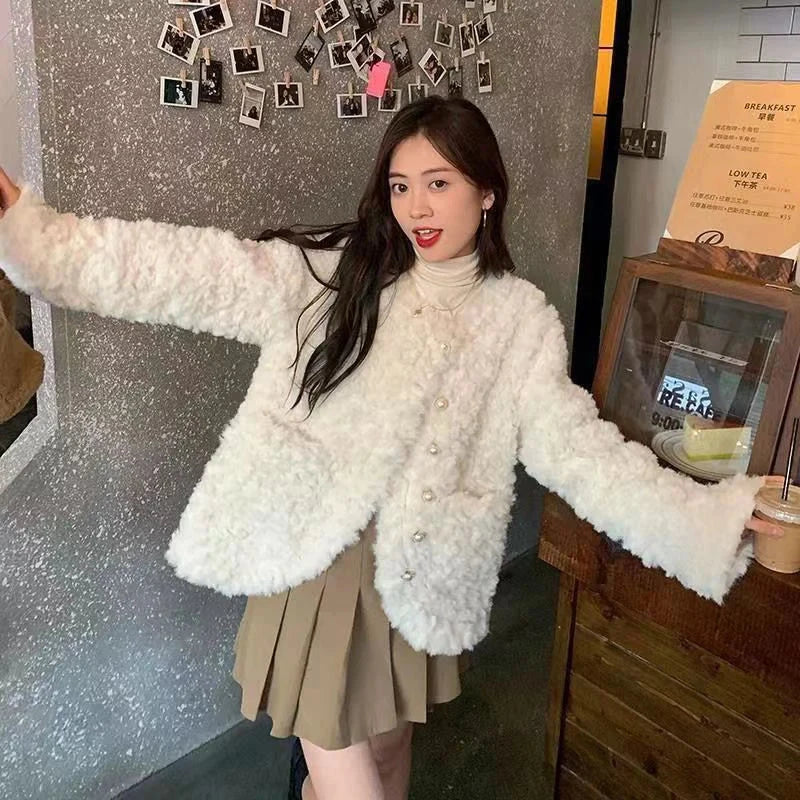 Women Sweet Cute Faux Lamb Coat Winter Warm Thick Slim Long Sleeve Vintage Jacket Korean O Neck Elegant Pearls Buttons Tops New voguable