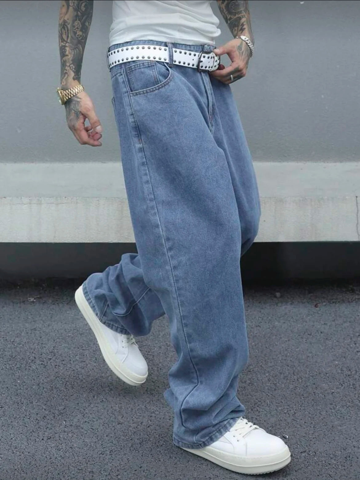 Voguable  Men's Vintage Loose-Fit Washed Blue Jeans, Wide Leg Straight Leg Denim Pants, Casual Retro Style, Light Blue, All-Season Comfort voguable