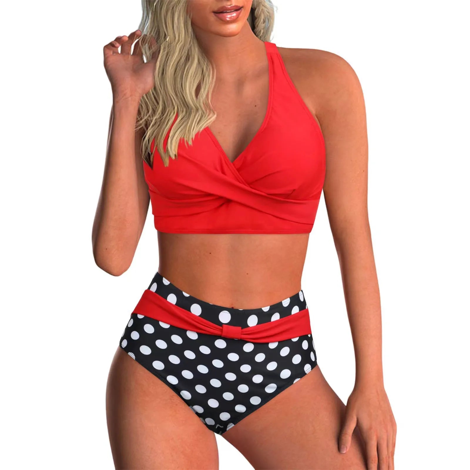 Voguable  Sexy Lace Up V Neck Bikinis Women Split Swimsuit High Waist Beach Bikini New All Season Backless Bikinis 2 Piece Set voguable