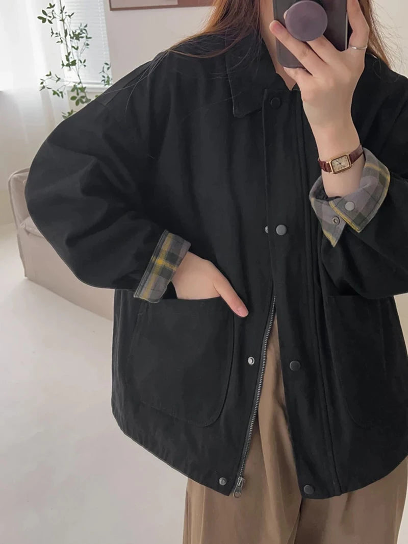 Fall Women Cargo Jacket Loose Preppy Style Long Sleeve Vintage Coat Casual Big Pockets American Retro Solid Bf Outwear Tops voguable