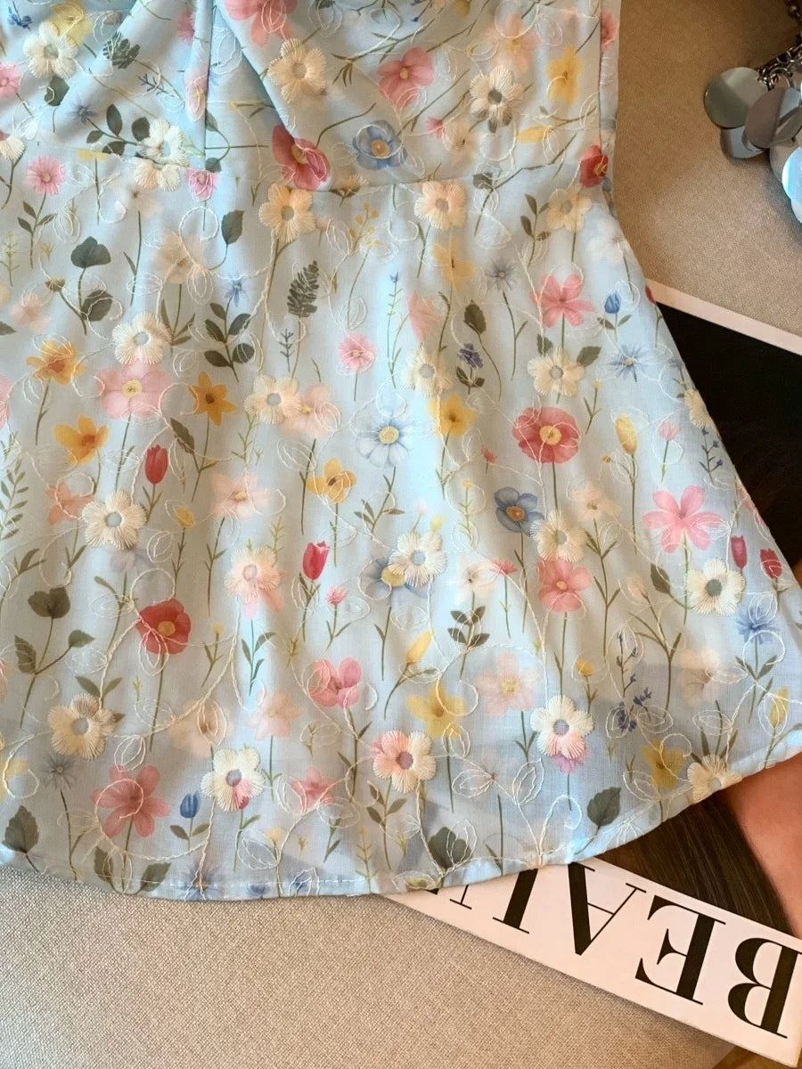 Voguable  Sweet And Spicy Floral V-Neck Hanging Neck Vest Women Summer Vacation Knot Sleeveless Shirt Belly Cover Skirt Upper Body voguable