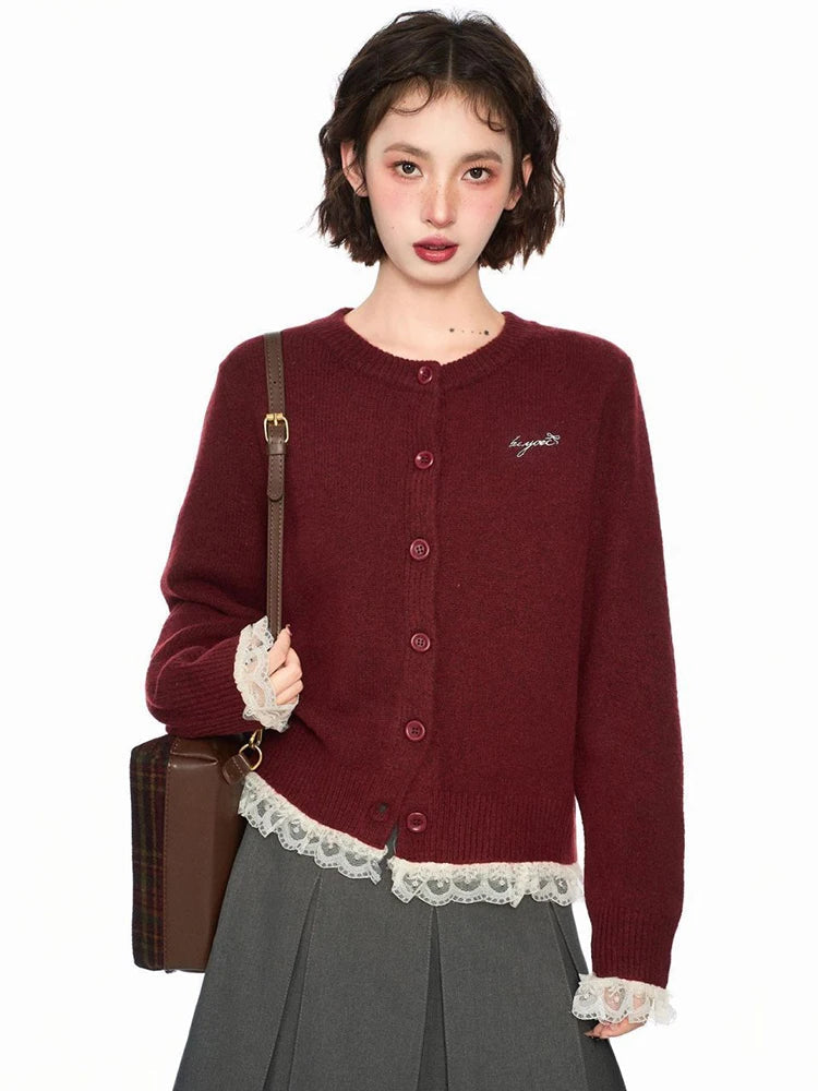 Lace Patchwork Retro Cardigan Women Streetwear Long Sleeve O Neck Knitted Sweaters American Casual Letter Vintage Fall Tops voguable