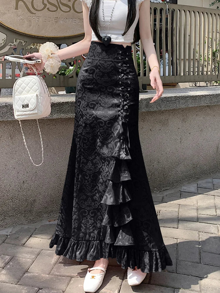 Print Vintage Long Skirt Women Casual Ruffles England Sweet Trumpet Skirts Retro Lace Up Elegant Female Design Long Skirt voguable