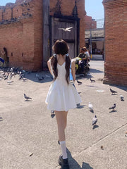 Voguable  Preppy Style Design White One-Piece Frocks Sleeveless Off Shoulder Party 90s Women Sweet A-Line Dress Casual Bow Vestidos New voguable