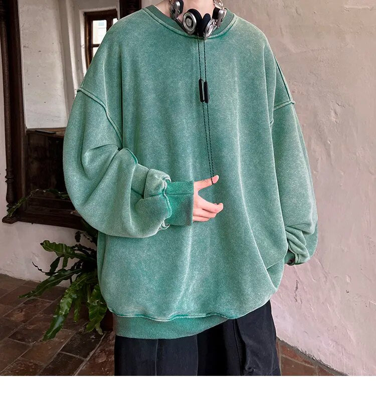 American Washed Old Pullovers Sweatshirts Men Loose Solid Color Autumn Large Size Warm O Neck Tops Hip Hop Y2k Sweatshirt voguable
