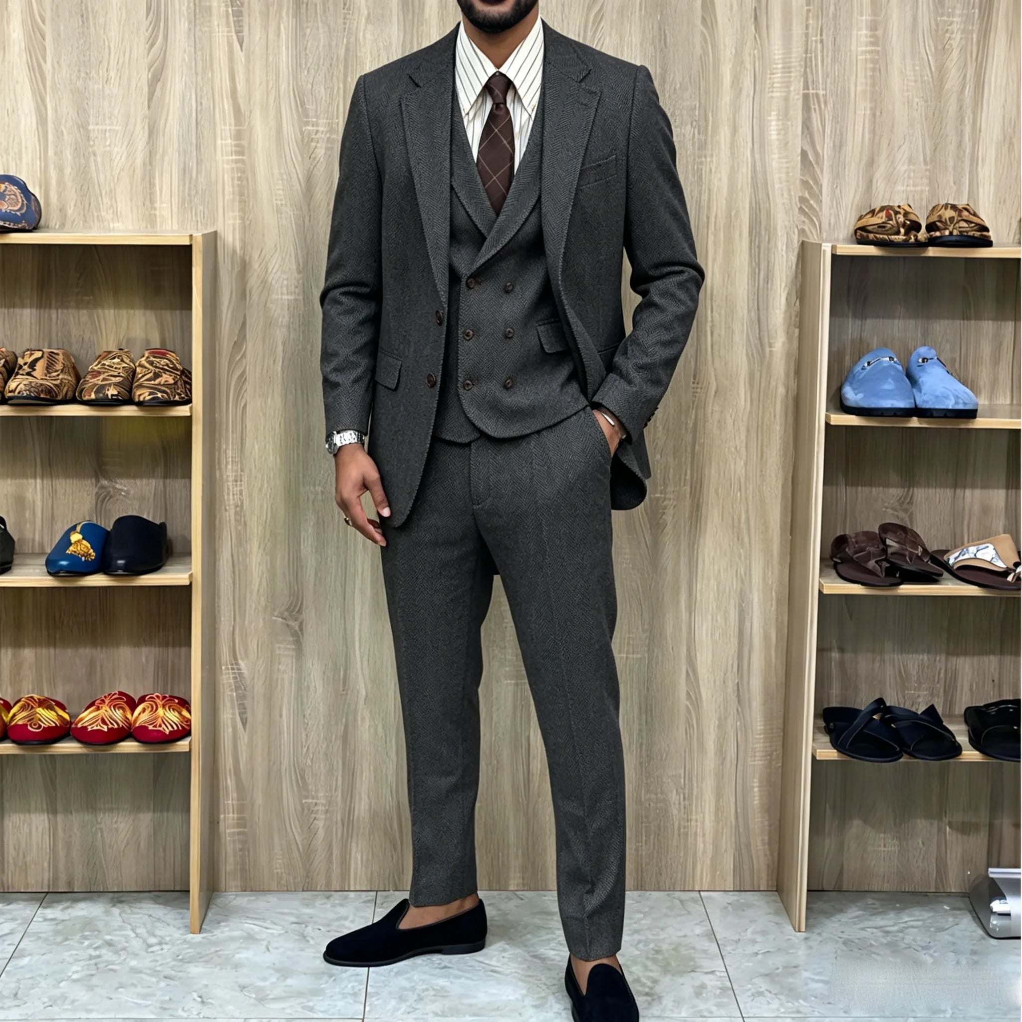 Voguable  British Men's Blazers Vintage Herringbone Tweed Formal Jacket Wool Blend Double Breasted Casual Autumn Winter 3 Piece Suit voguable