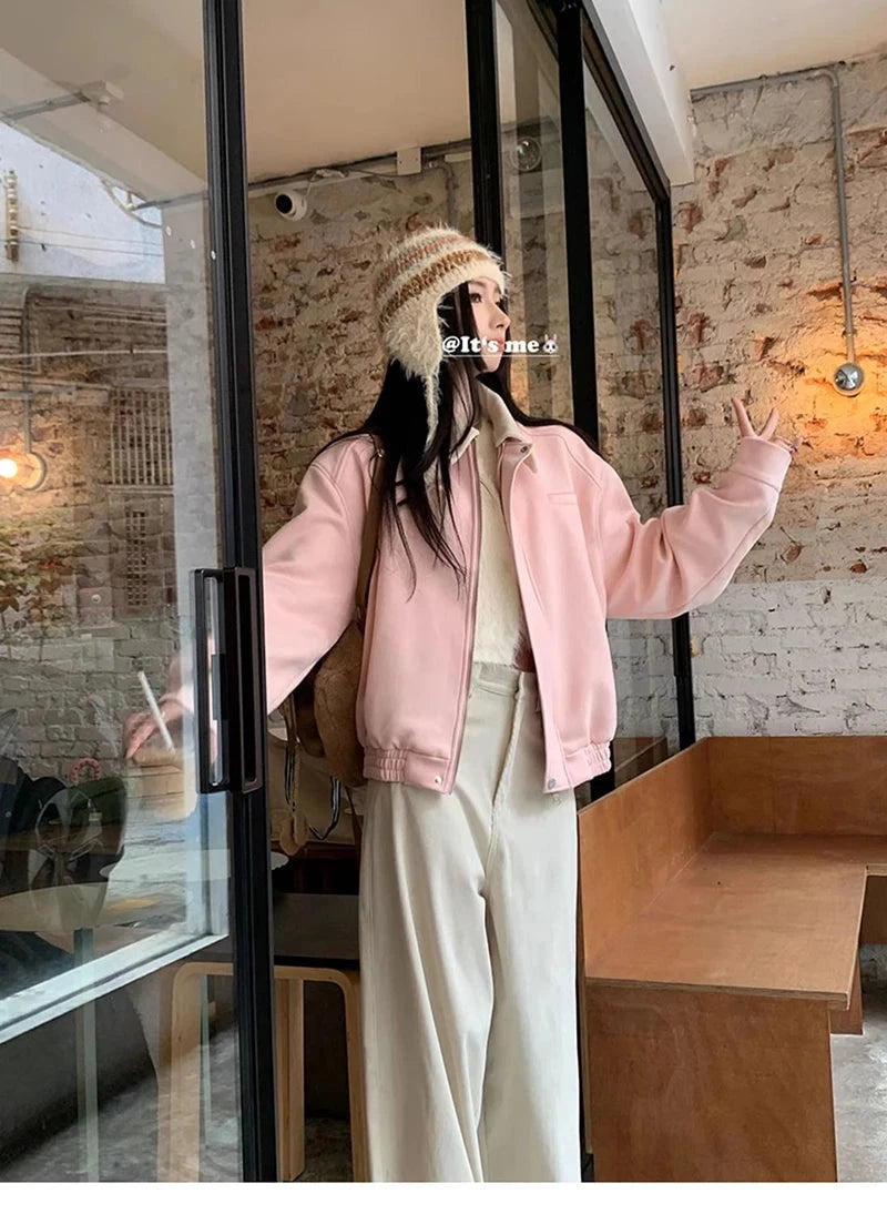 Pink Faux Suede Jacket Women Sweet Long Sleeve Vintage Streetwear Baseball Coat Fall Casual Retro American Y2K Lady Outwear voguable