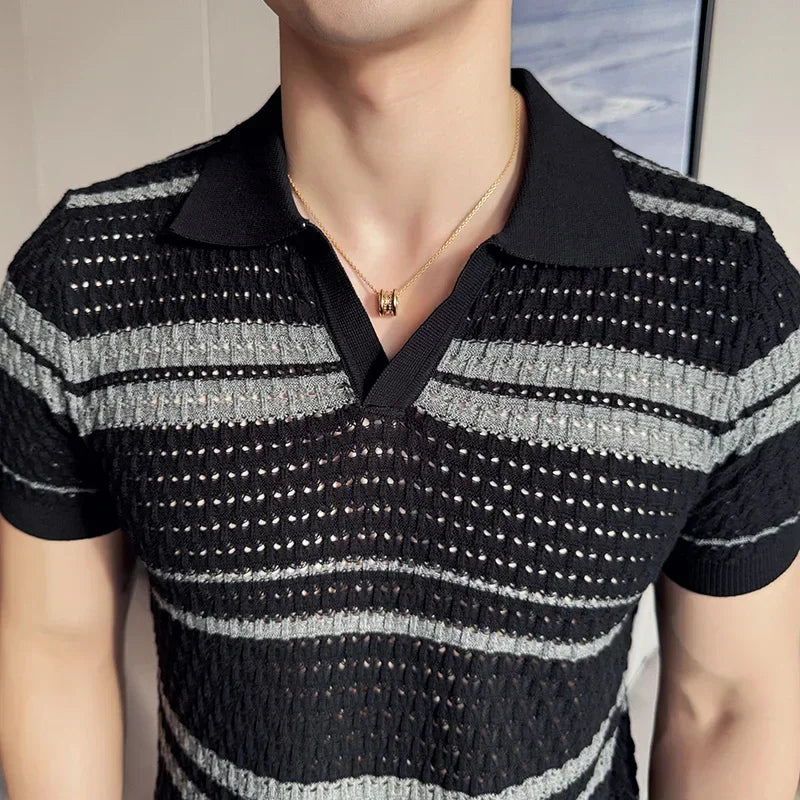 Men Polo Shirt 2024 Summer New Thin Knitted Striped Jacquard Patchwork Color Short Sleeved Casual V-neck T-shirt Men Clothing voguable