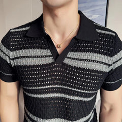 Men Polo Shirt 2024 Summer New Thin Knitted Striped Jacquard Patchwork Color Short Sleeved Casual V-neck T-shirt Men Clothing voguable