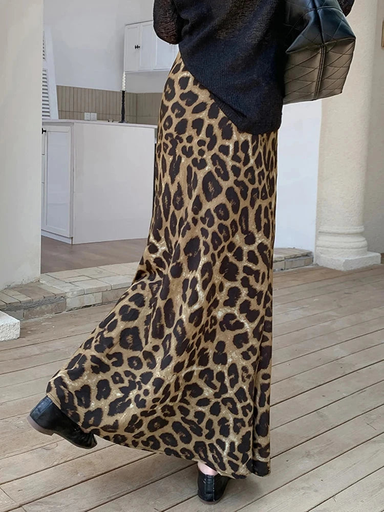Sexy Slim Leopard Long Skirts Women High Waist Retro Streetwear Y2K Skirt Fall Casual Harajuku American Vintage Long Skirt voguable