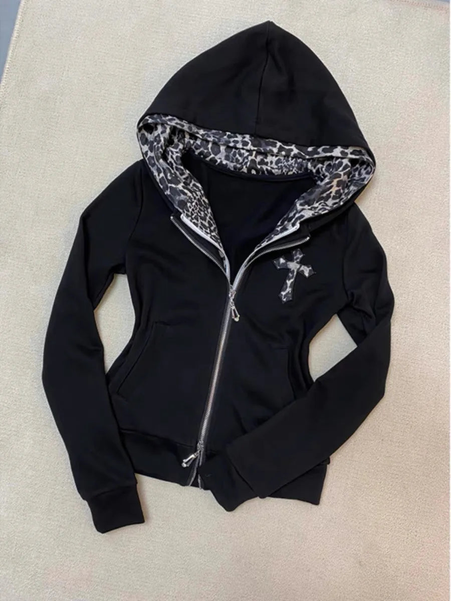 Voguable  Vintage Y2k Leopard Print Trend Girl Dressing Up Hoodies Black Classic Zip Up Gothic Sweatshirts for Women's Loose Hoodies voguable