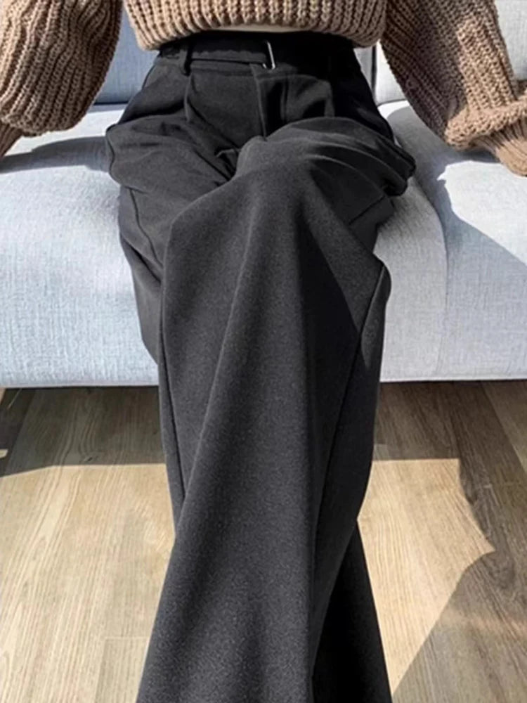 Fall Winter Woolen Suit Pants Women High Waist Loose Casual Wide-Leg Trousers Y2K Solid Korean Chic Office Lady Straight Pants voguable