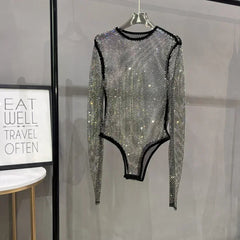 Voguable  Sexy Mesh Hollowed Out Jumpsuit T-shirt Rhinestone Round Neck Tight See-through One-piece Bottoming Shirt Ms voguable