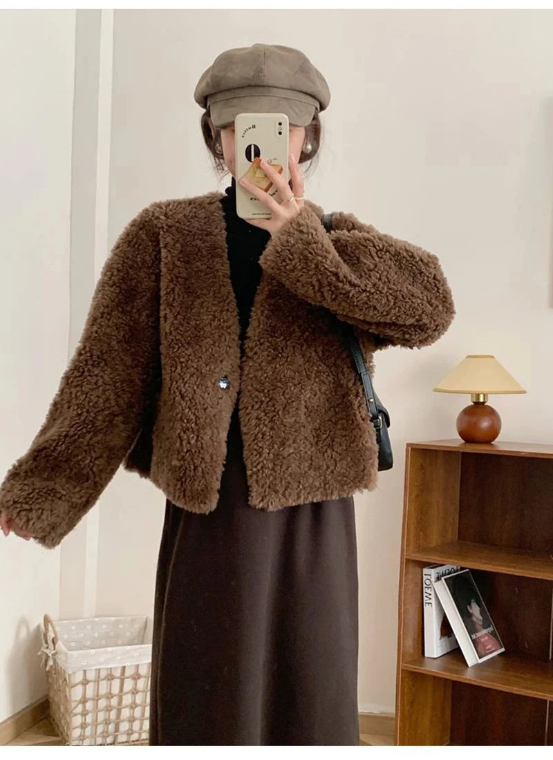 Winter Vintage Women Faux Lamb Coat Warm Soft Long Sleeve V Neck Sweet Jacket Retro Simple Solid Korean Female Preppy Style Tops voguable