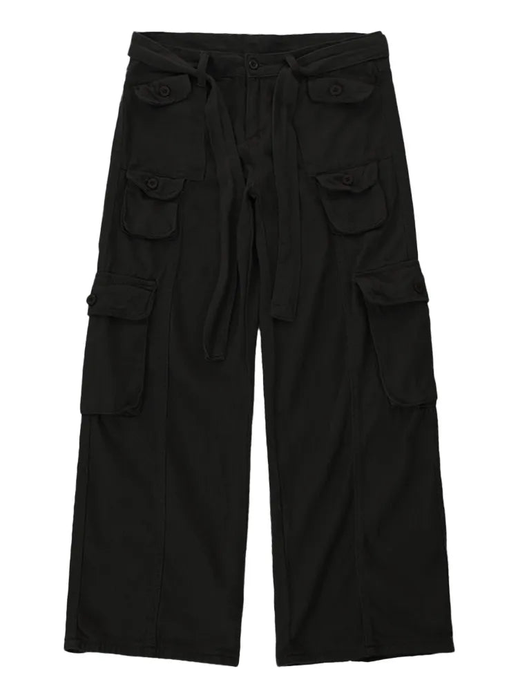 High street retro casual large pocket overalls men's and women's new summer high waist loose straight tube draped wide leg pants voguable