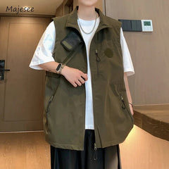 Vest Men Fashion Solid Simple Baggy Spring Autumn Sleeveless Stand Collar Asymmetrical Japanese Style Male High Street Handsome voguable