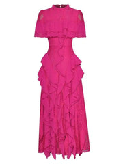 Fashioin Designes Hollow Out Ruffled Evening Dresses For Women O Neck Short Sleeve Party Maxi Dress 2025 New Summer voguable