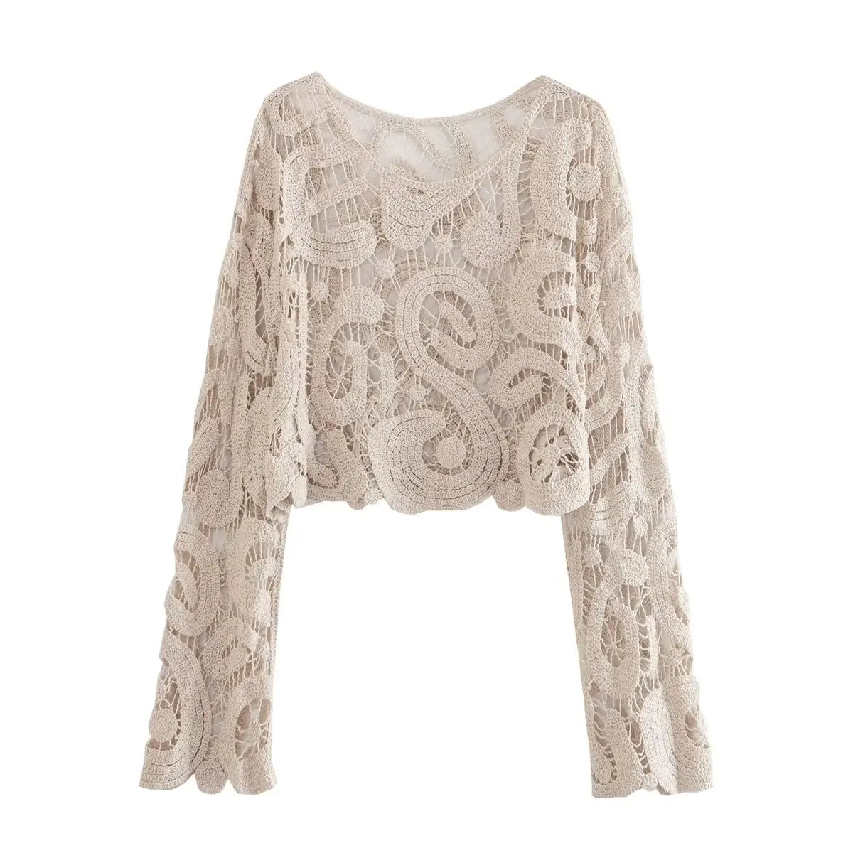 Voguable  Women Crochet Knit Blouse Vintage Long Sleeve O Neck Female Casual Loose Summer Crop Top voguable