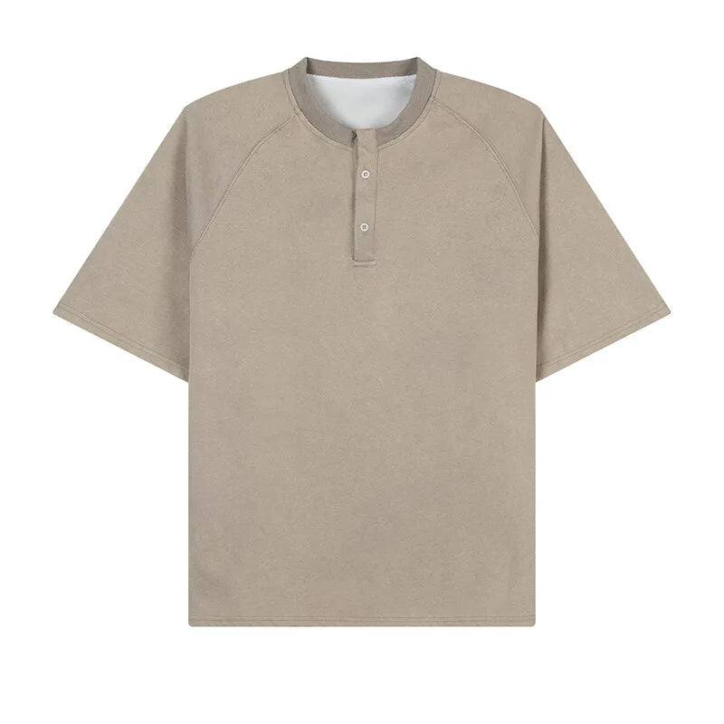 Cotton Breathable Buttoned Crew Neck Tshirt men Casual Comfort Lightweight Fashion Tee Top Basic Menswear Classic Plain tShirt voguable