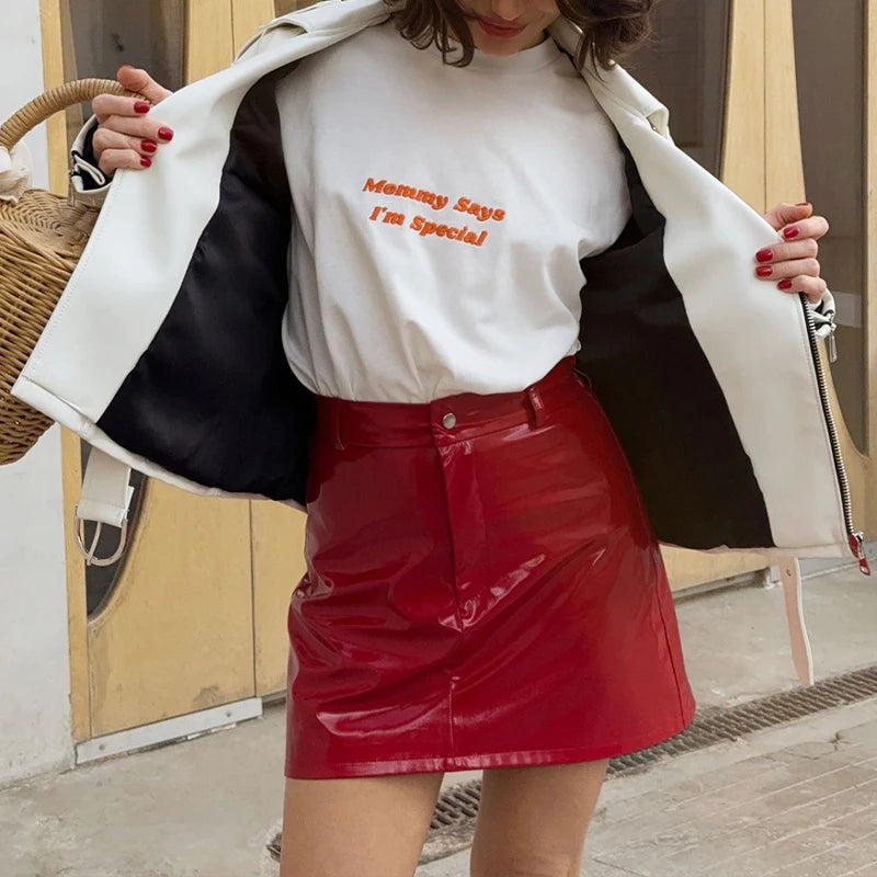 Voguable  Women Y2k Red Bright Faux Pu High Waist Button Mini Skirts Elegant Fashion Slim Fit Party Evening All-match Skirts voguable