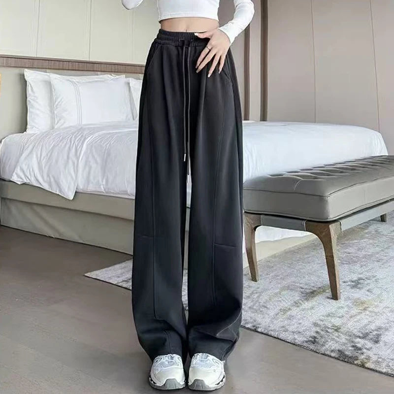 Drawstring Wide Leg Sports Pants Women Autumn Winter Thick Warm Casual Sweatpants Woman Elastic High Waist All Match Trousers voguable