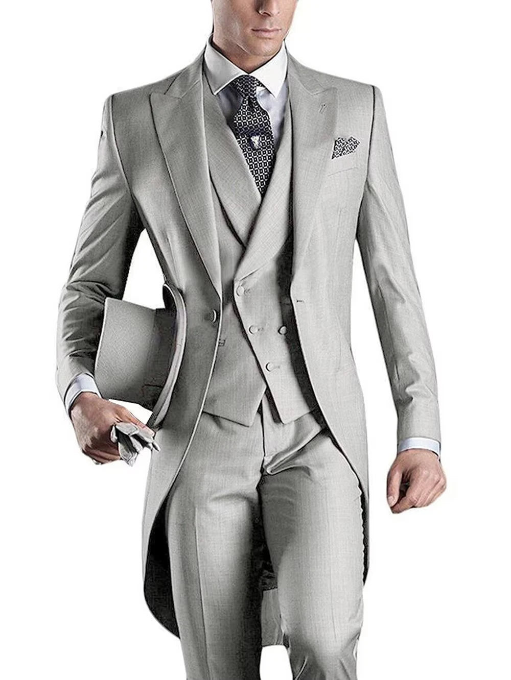 Voguable  Men Suit 3 pieces Slim Fit British Style Peaked Lapel V Neck Tuxedo Fashion Groomsmen Wedding Suits Men Blazer+Vest+Pant voguable