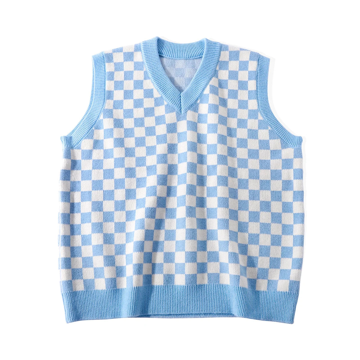Checkered Sweater Vest Women Blue and White Checkerboard Sleeveless Knit Top Teen-girl Y2K Preppy Style Outfit voguable