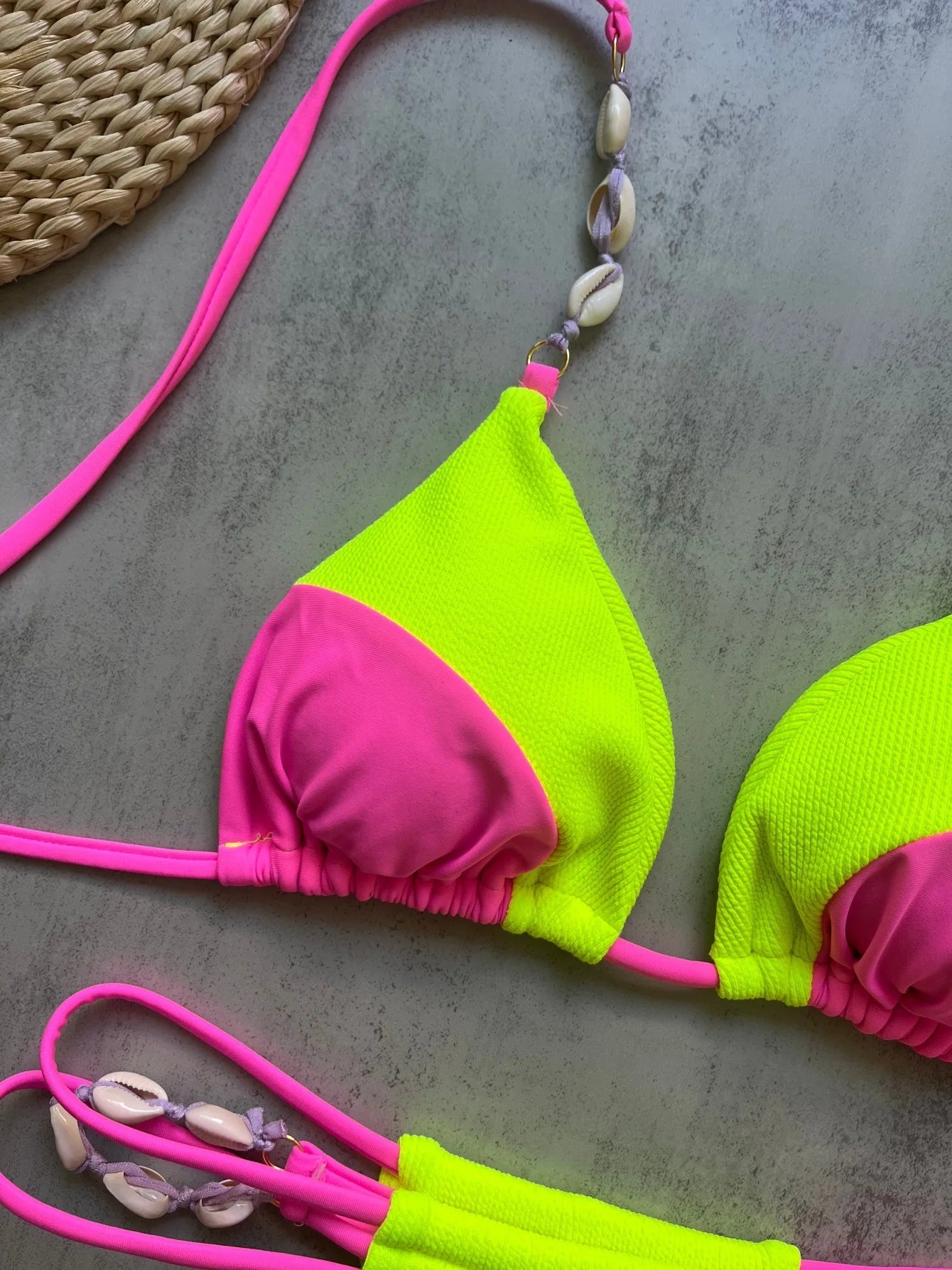 Voguable  Sexy Neon Green Patchwork Bikini Set Women Shell Strap Push Up Bra Hollow Out Thong Swimsuit Beach Bathing Suit Swimwear voguable