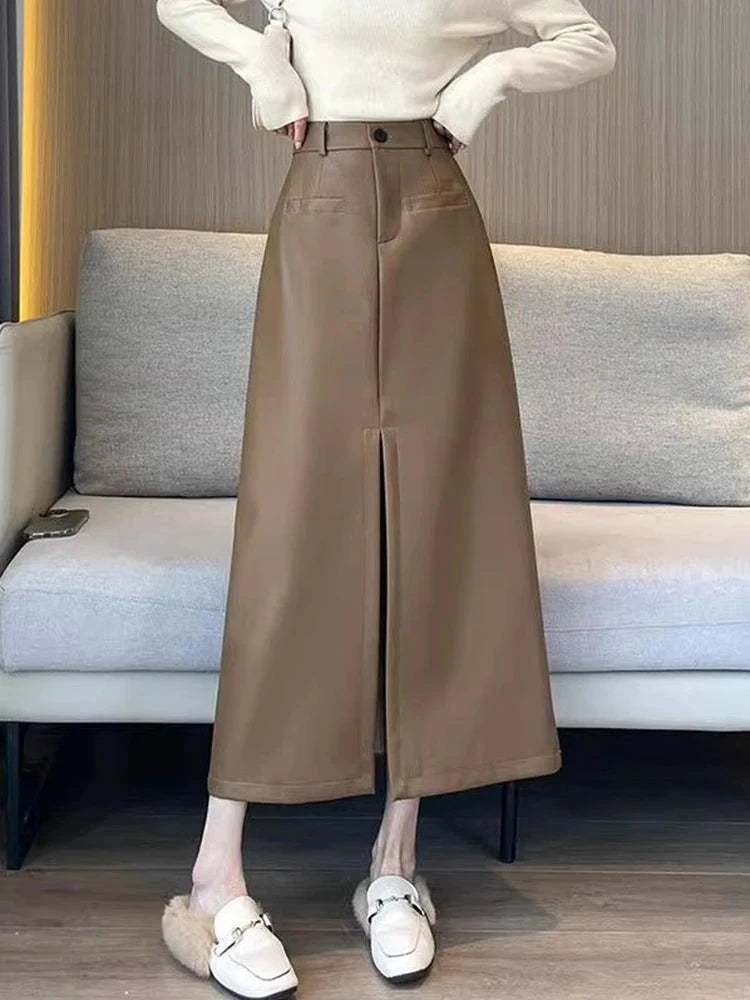 Sexy Slit Pu Long Skirt Women High Waist Slim Vintage Skirts Casual Fall Winter Lady Solid Retro American Streetwear Long Skirt voguable