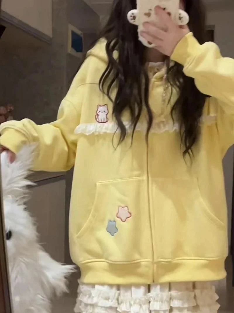 Women Cute Cartoon Hoodies Vintage Lace Patchwork Loose Sweet Sweatshirts Fall Preppy Style Japan Pockets Lady Kawaii Tops voguable